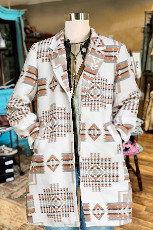 Retro Western Aztec Pattern Lapel Trench Coat