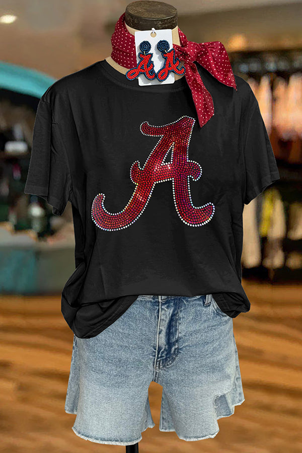 Casual Alabama Rhinestone Lettering T-shirt