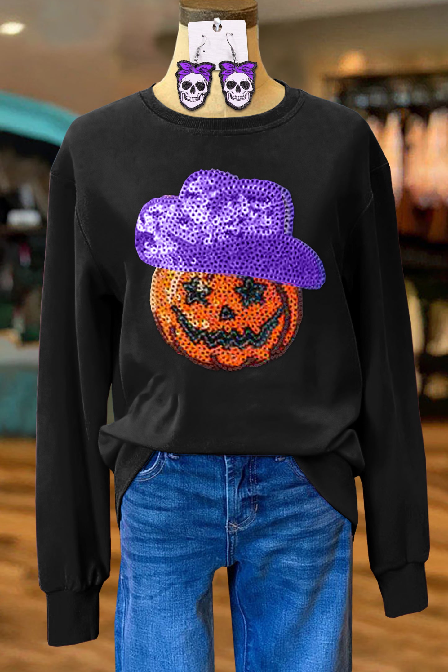 Casual Halloween Pumpkin Sequin Printing Top