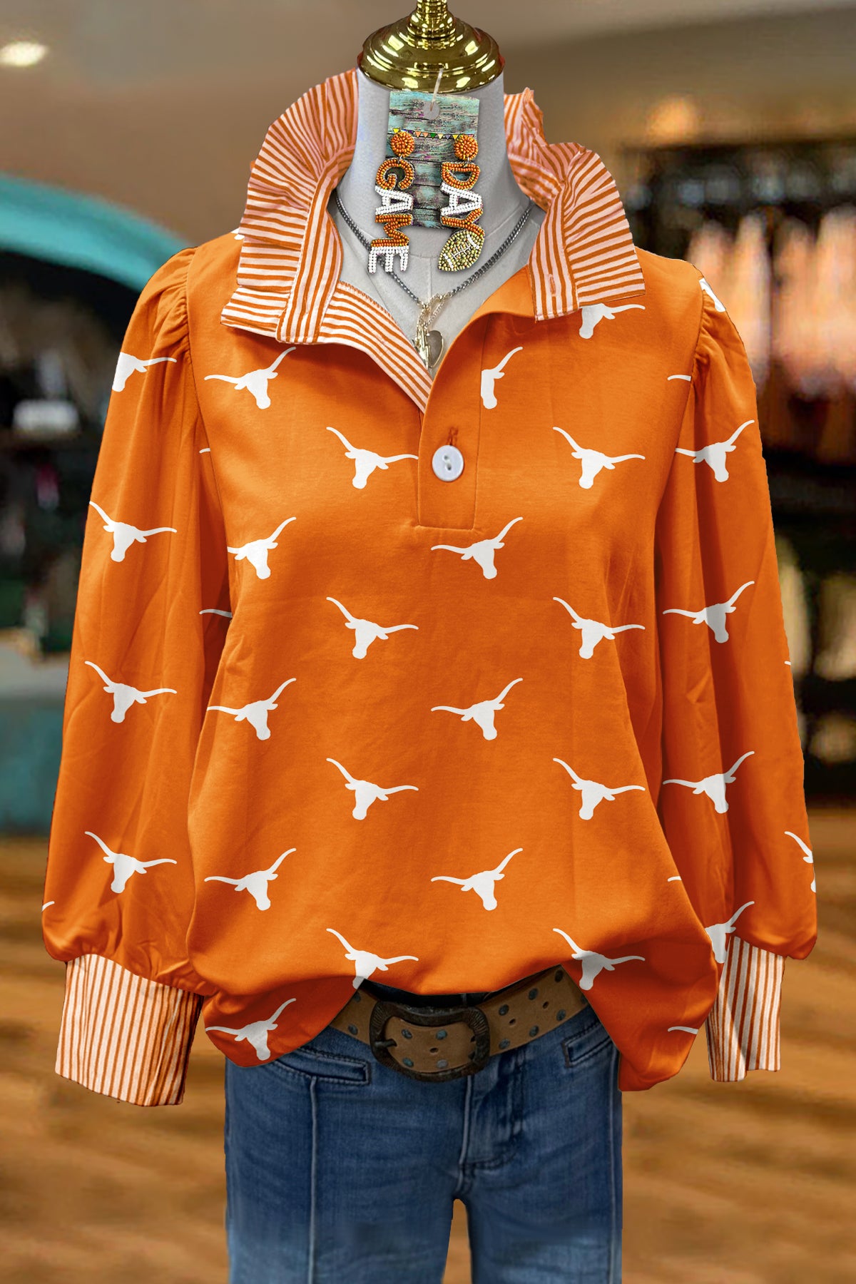 Classic Texas Longhorns Print Stand Collar Top