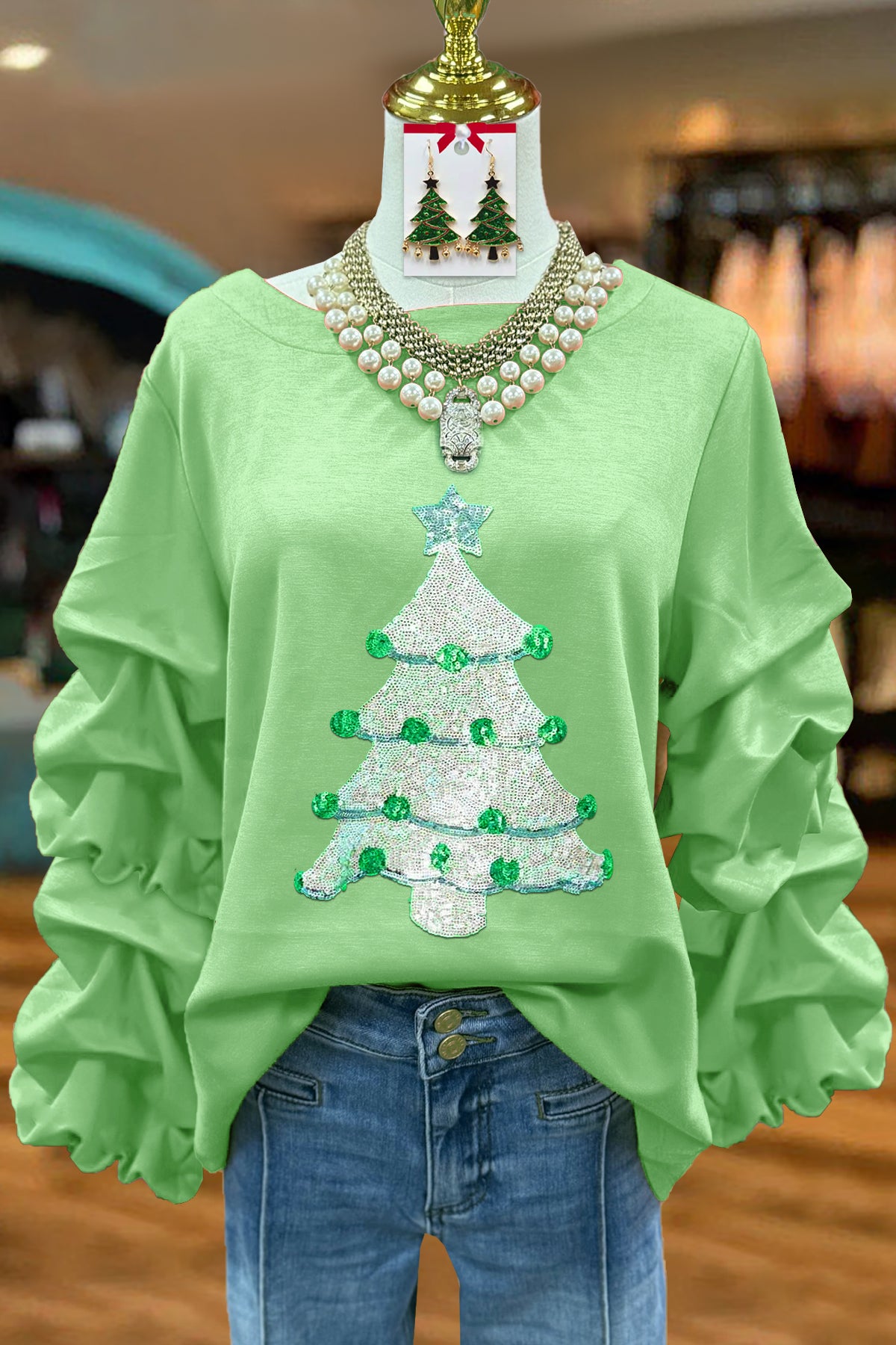 Sweet Christmas Tree Sequined Pleated Top