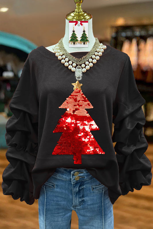 Classic Christmas Tree Sequined Pleated Top