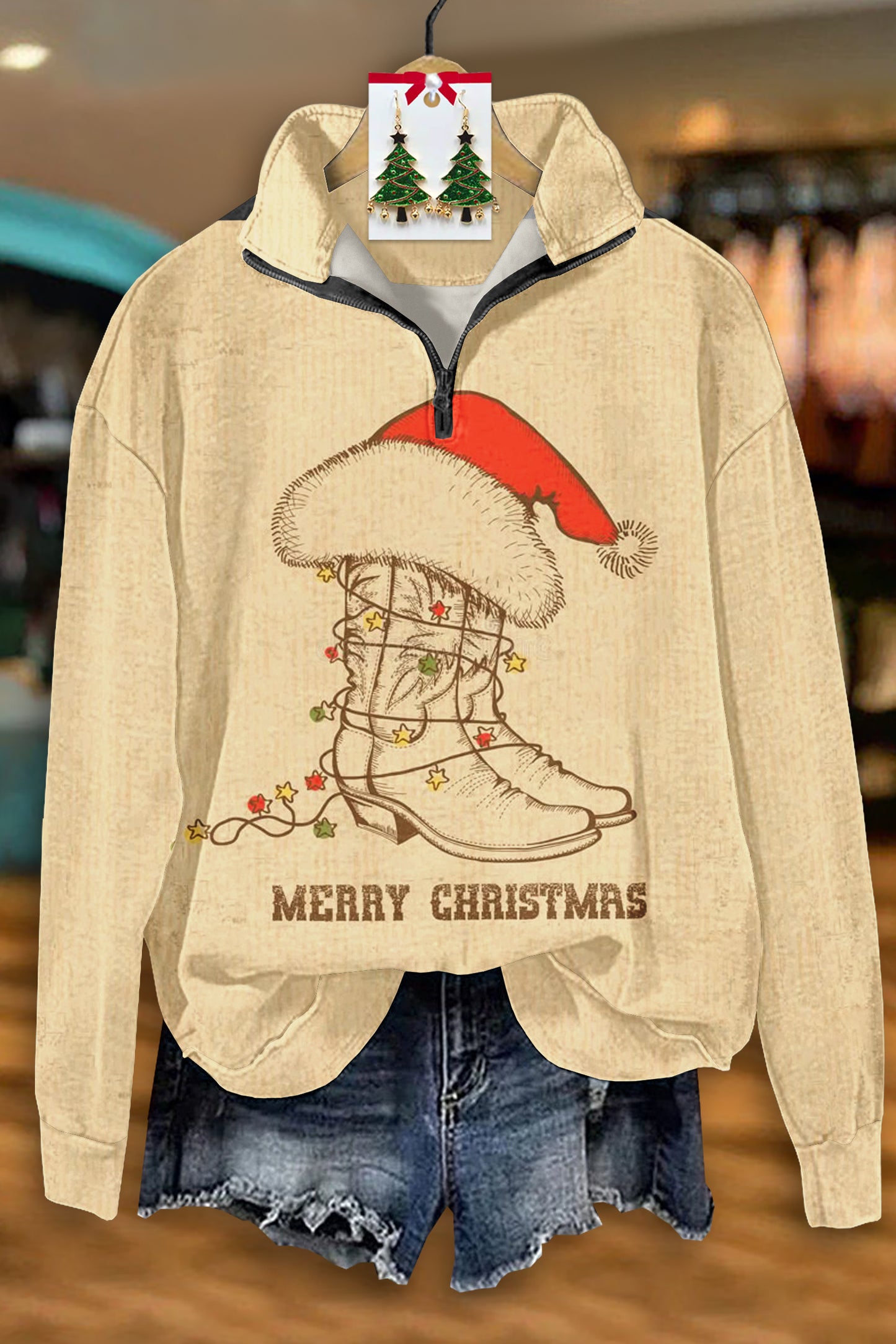 Christmas Boots Print Zip-Up Top