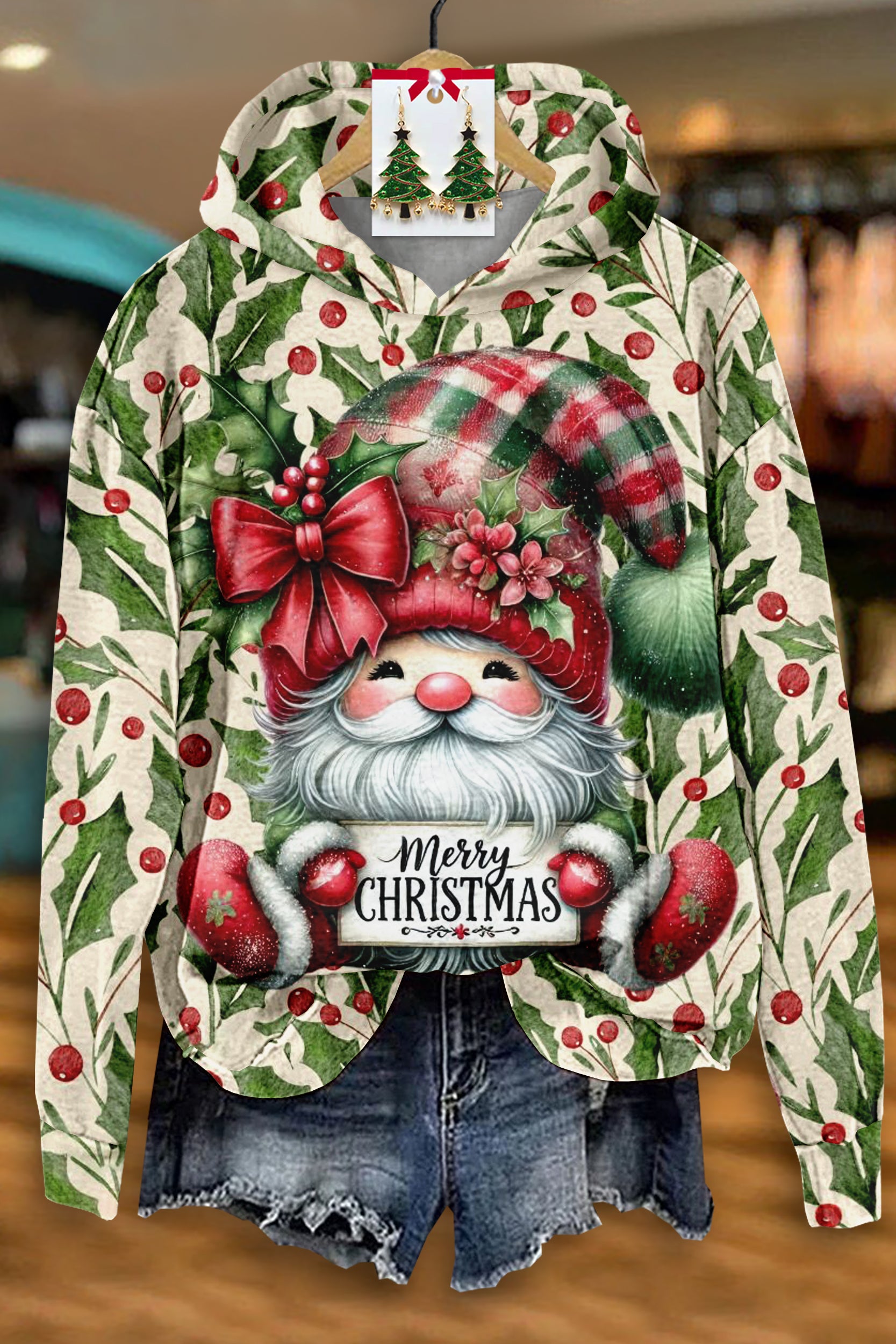 Cute Santa Holly Print Long Sleeve Top