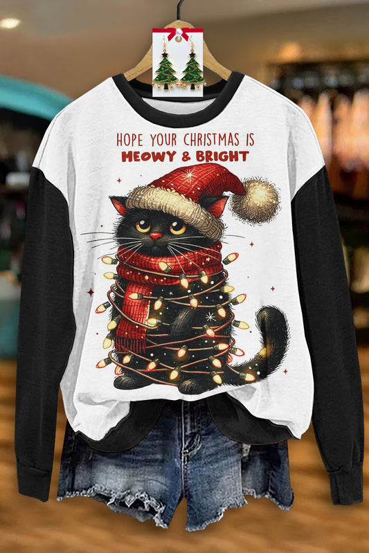 Cute Christmas Black Cat Print Long Sleeve Top