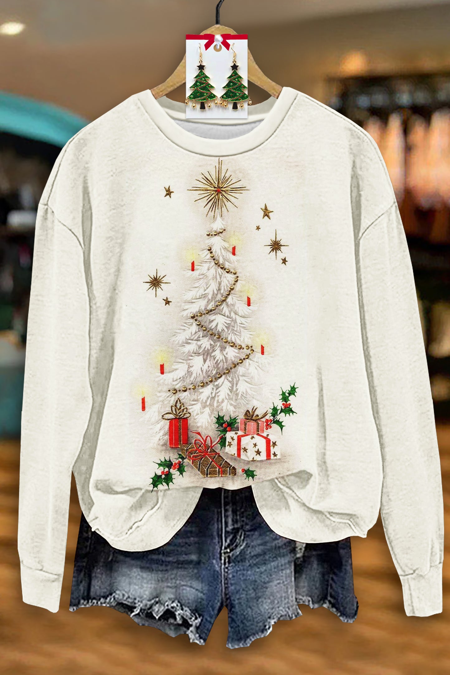 Casual Christmas Tree Print Long Sleeve Top