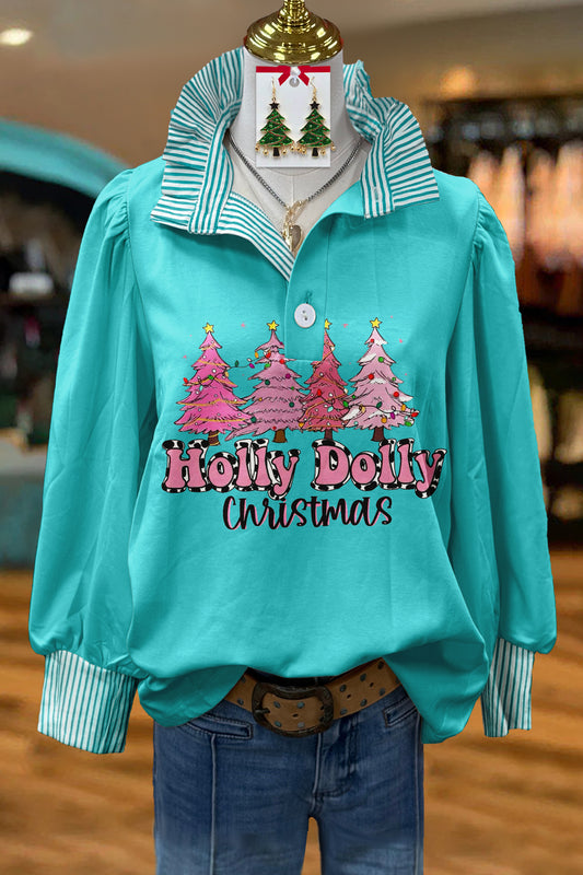 Fresh Christmas Tree Print Stand Collar Top