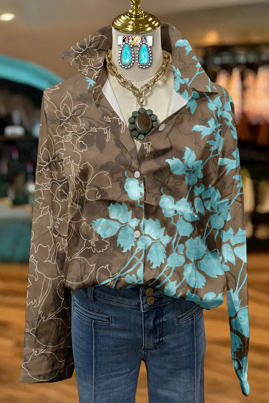 Vintage Leaf Print Long Sleeve Shirt