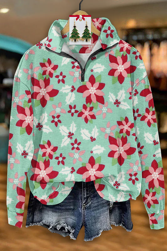 Fresh Christmas Holly Print Zip-Up Top