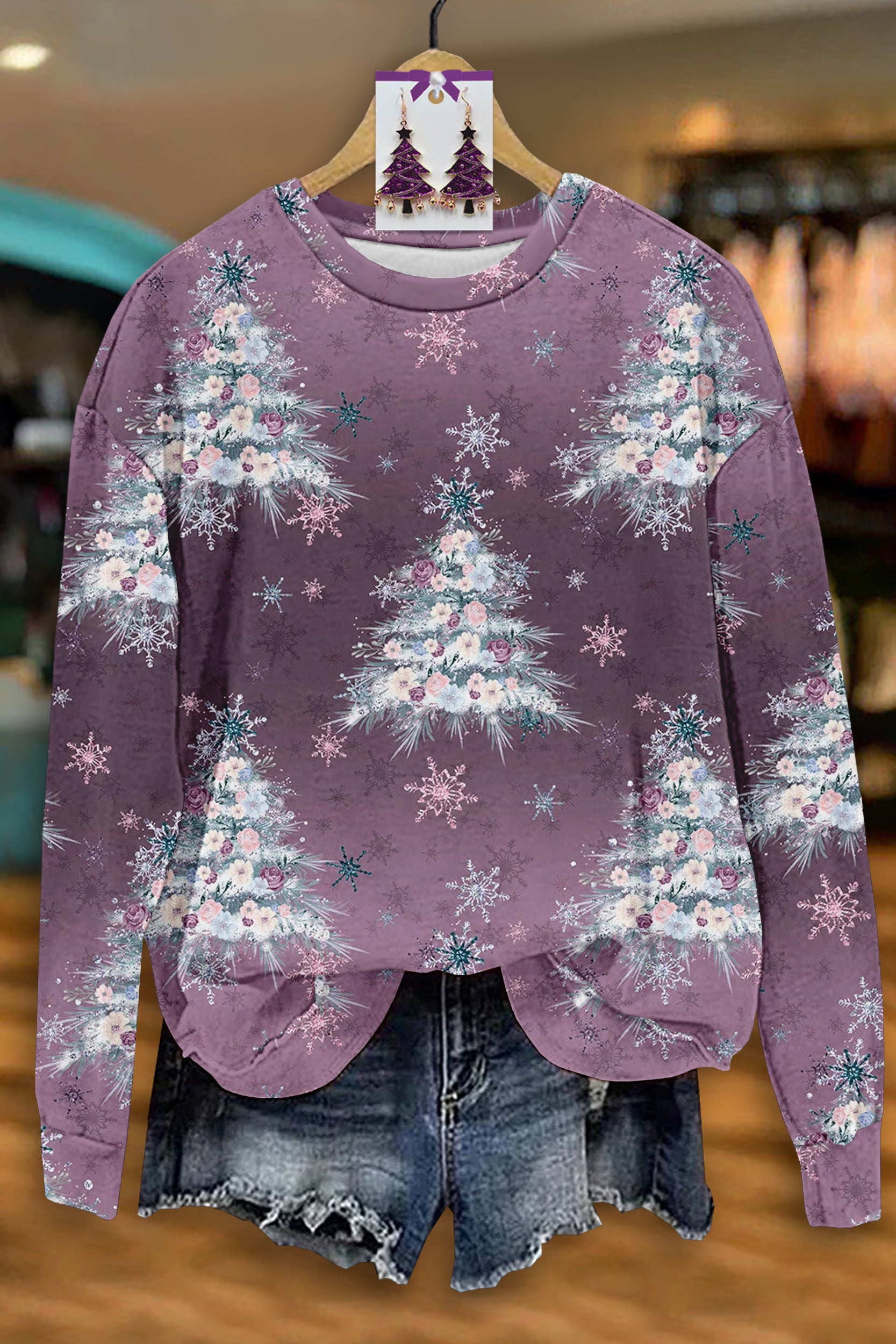 Casual Christmas Tree Print Long Sleeve Top