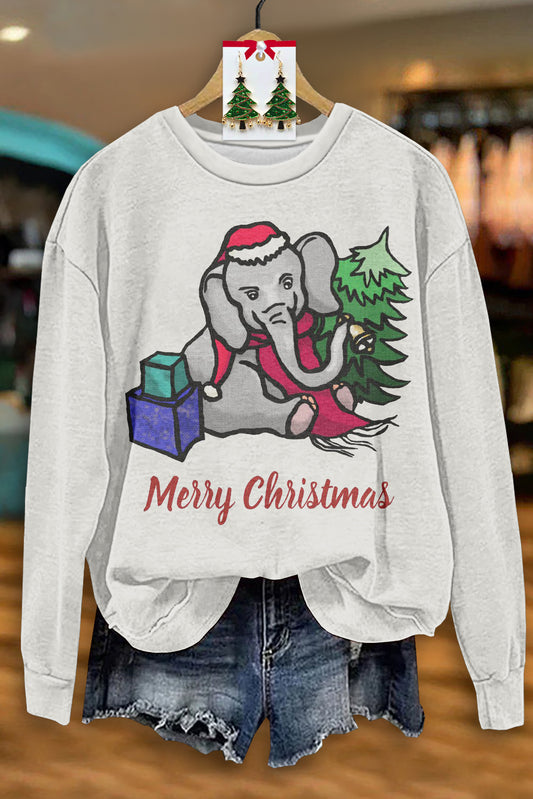 Casual Alabama Elephant Christmas Print Long Sleeve Top