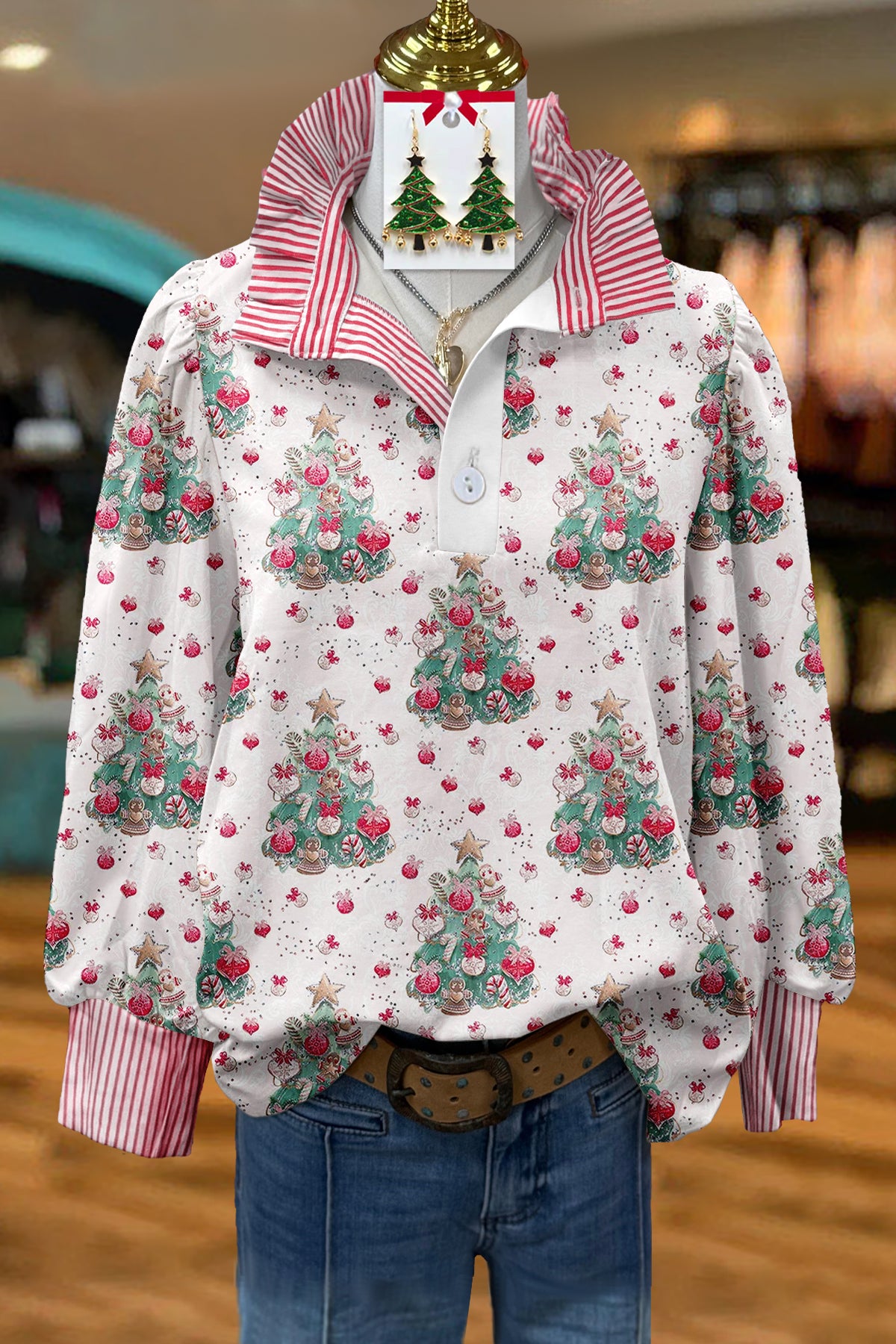 Sweet Christmas Tree Print Stand Collar Top