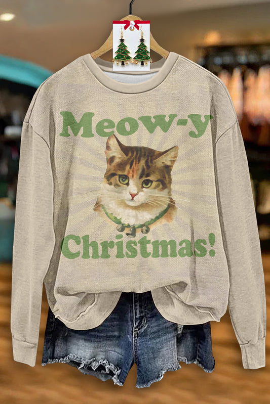 Cute Cat Christmas Print Long Sleeve Top