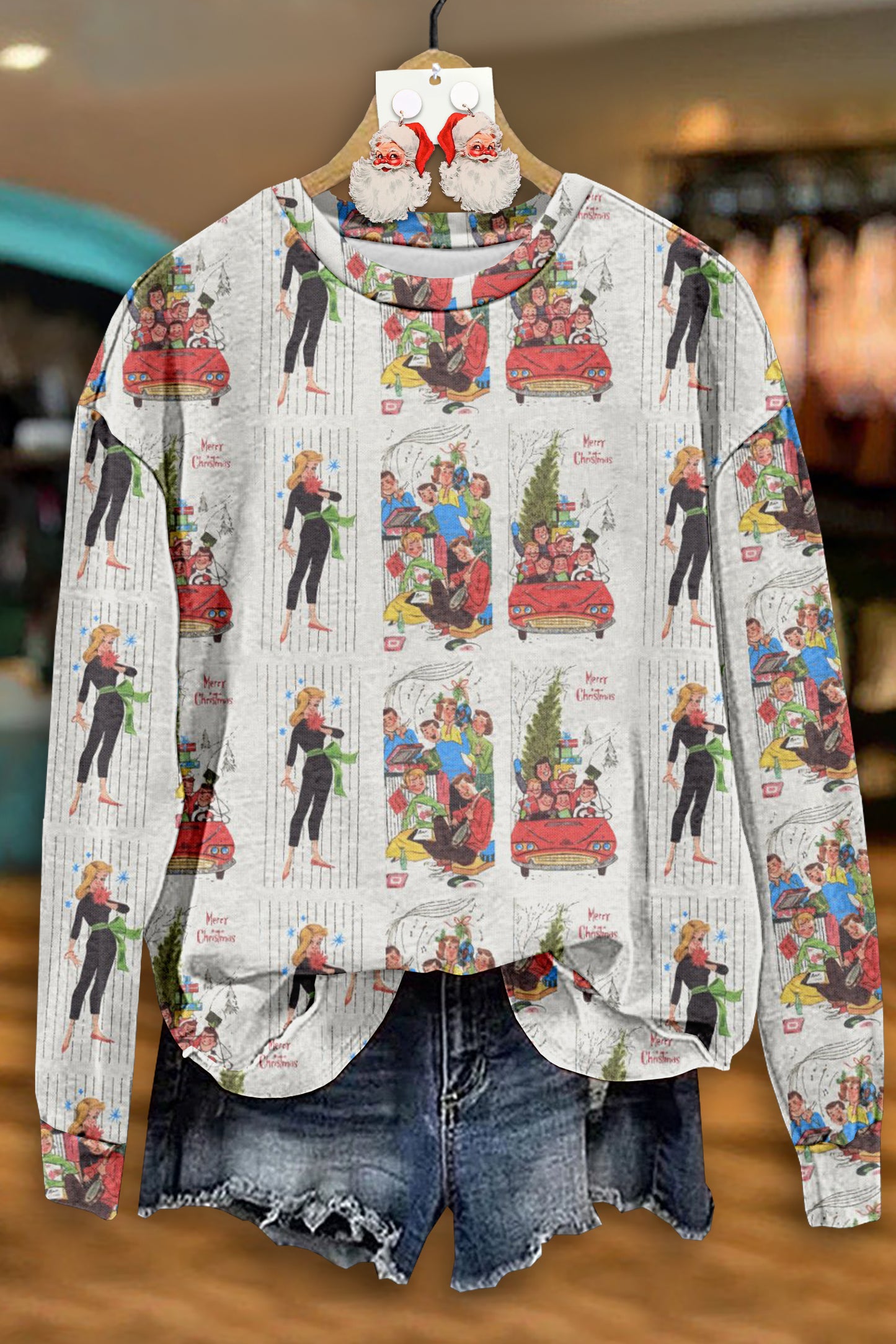 Vintage Christmas Print Long Sleeve Top