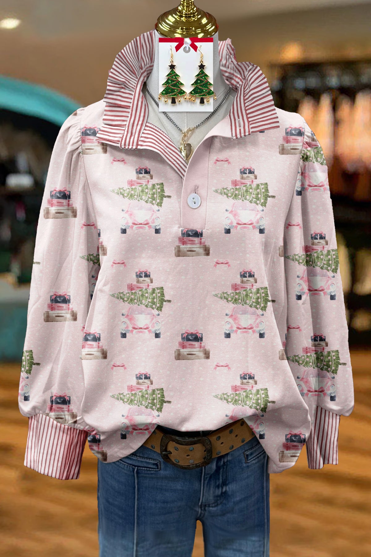 Sweet Christmas Car Print Stand Collar Top