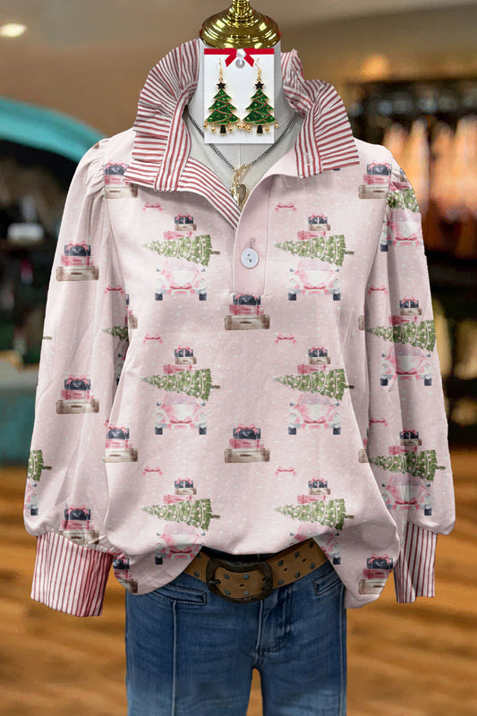 Sweet Christmas Car Print Stand Collar Top