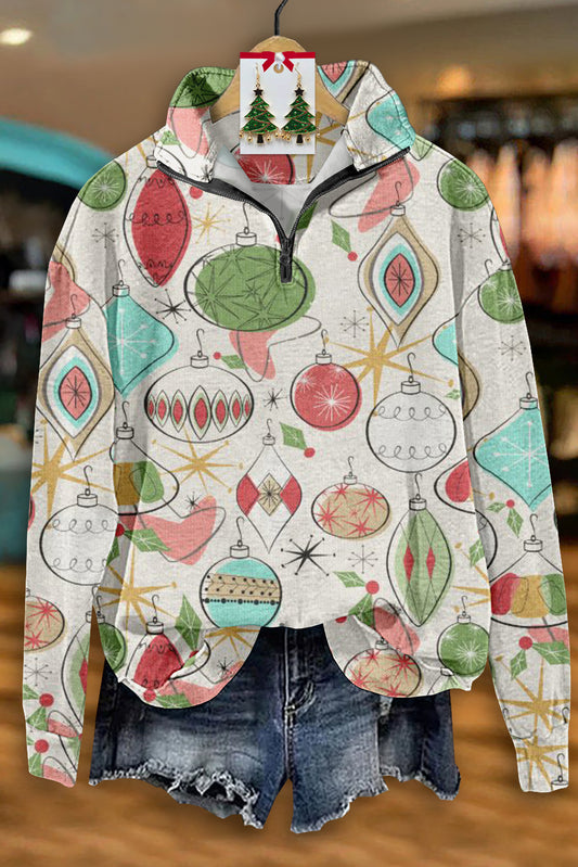 Vintage Christmas Print Zip-Up Top