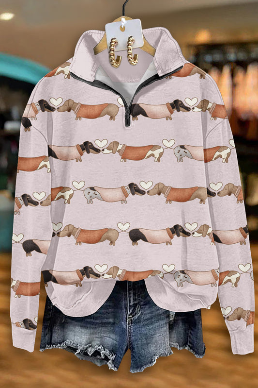 Cute Dachshund Print Zip-Up Top