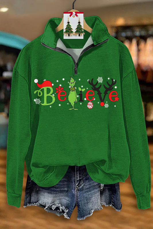 Classic Christmas Grinch Believe Print Zip-Up Top