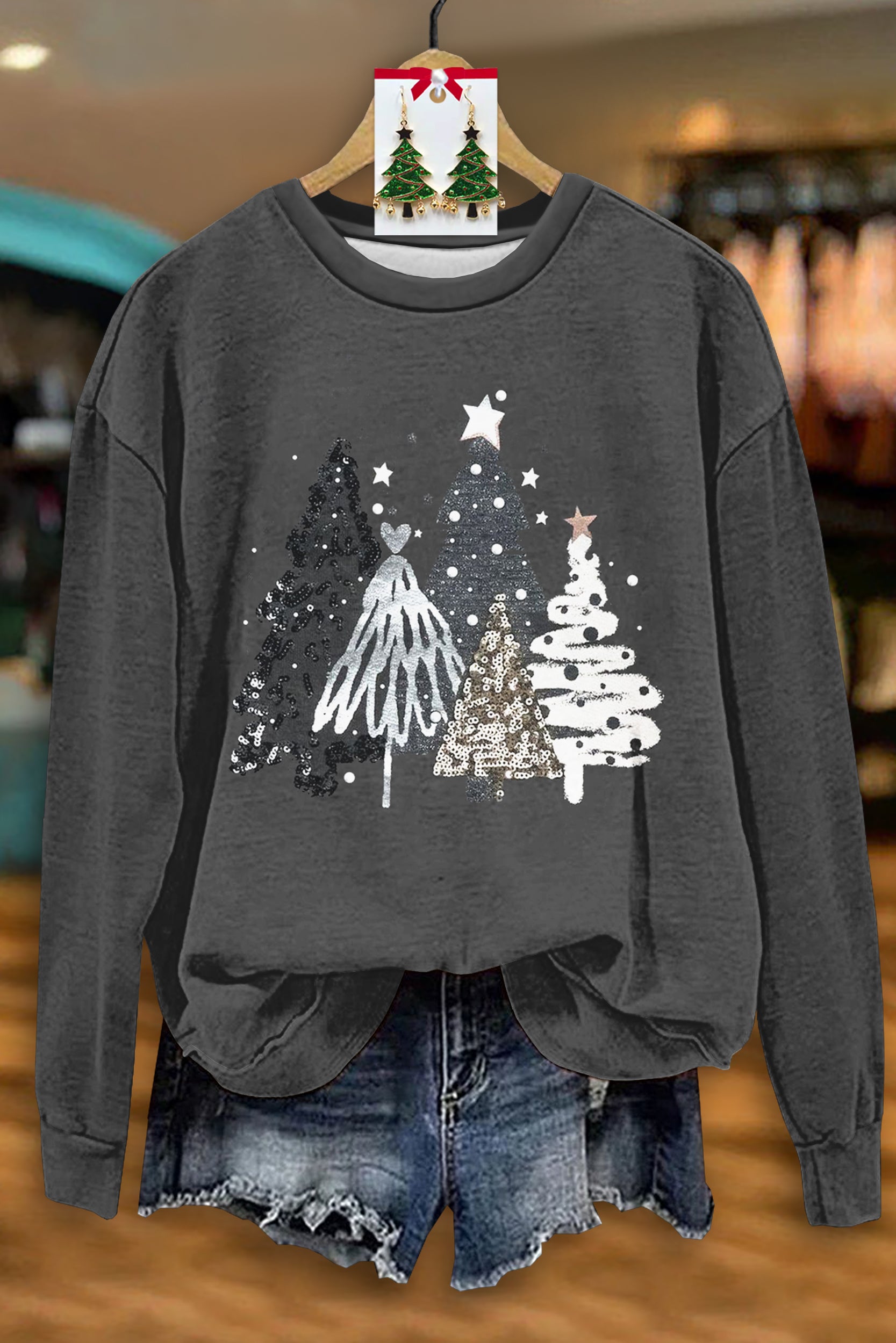 Casual Christmas Tree Print Long Sleeve Top