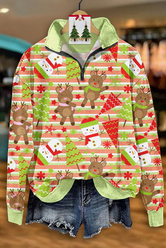 Cute Christmas Snowman Print Zip-Up Top