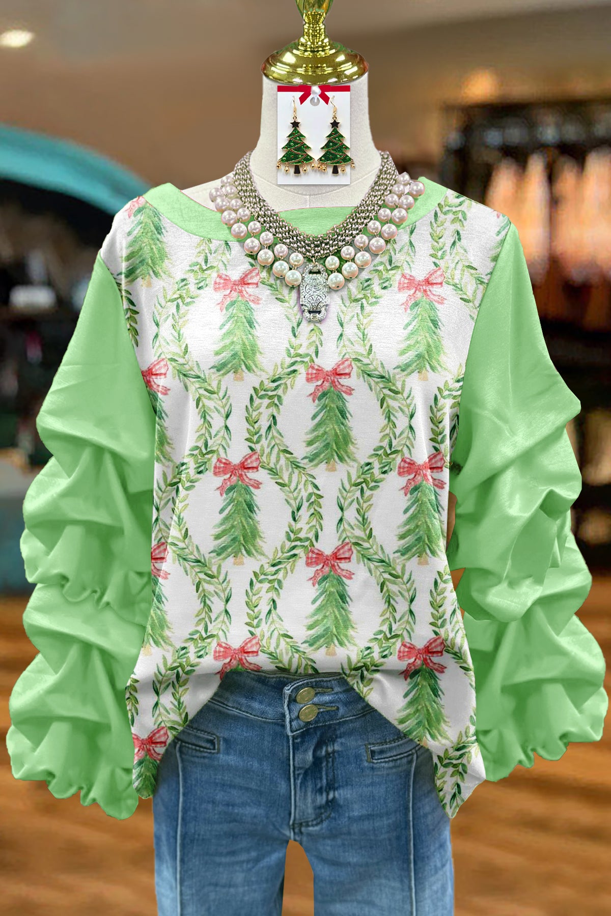 Sweet Christmas Tree Print Pleated Top