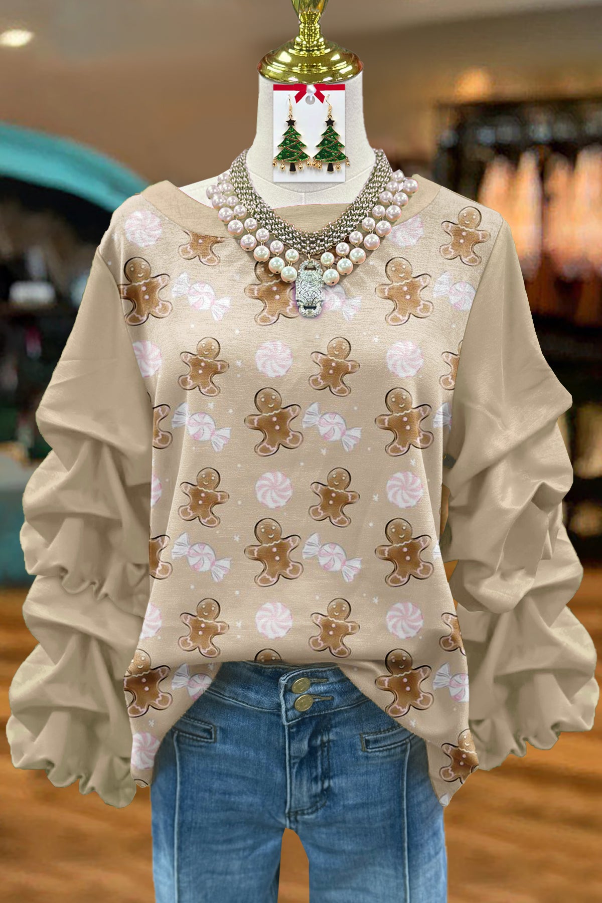 Cute Christmas Gingerbread Man Printed Pleated Top