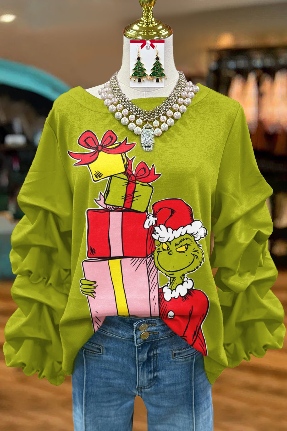 Fun Christmas Grinch Printed Pleated Top