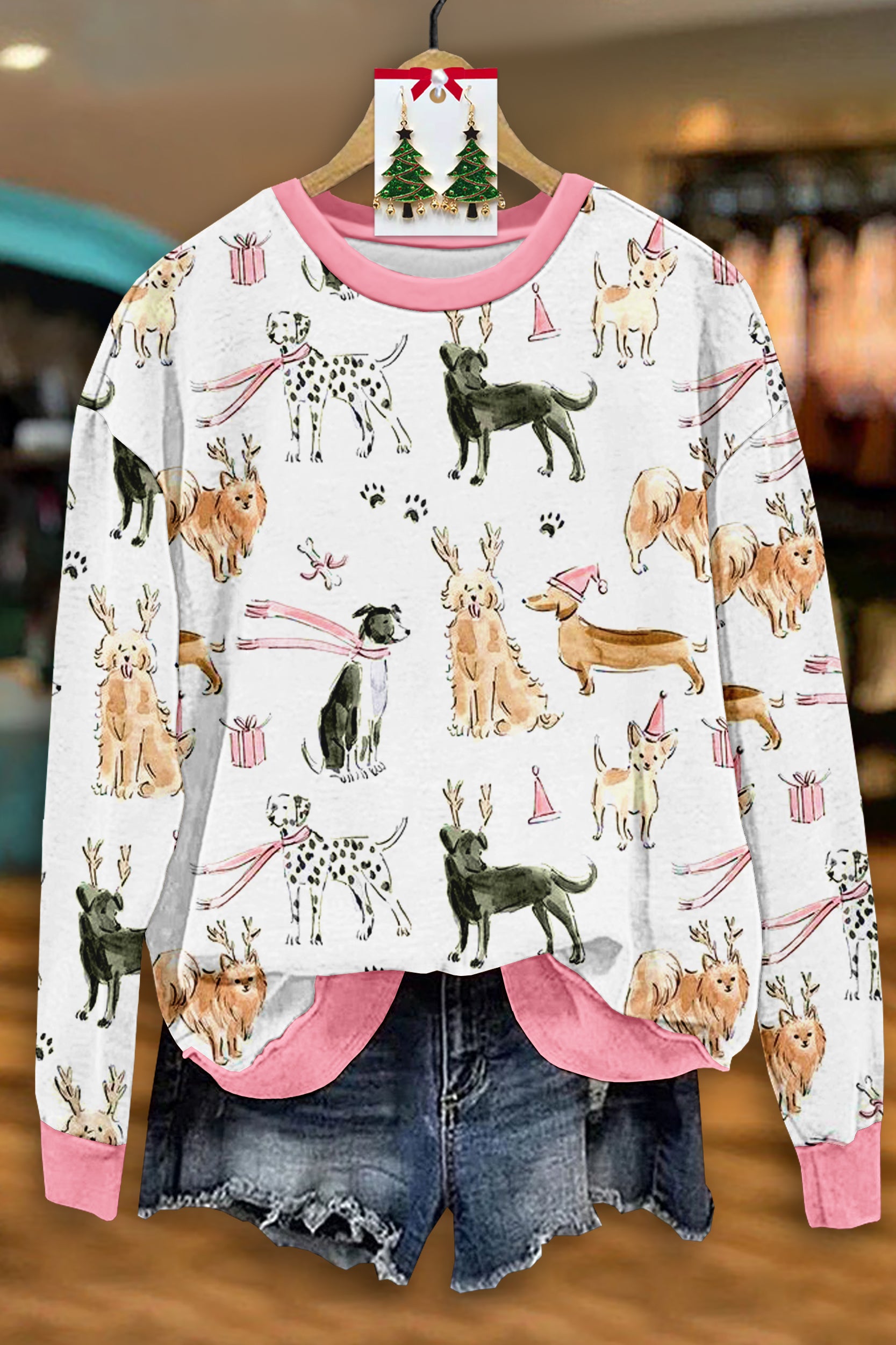 Cute Christmas Dog Print Long Sleeve Top