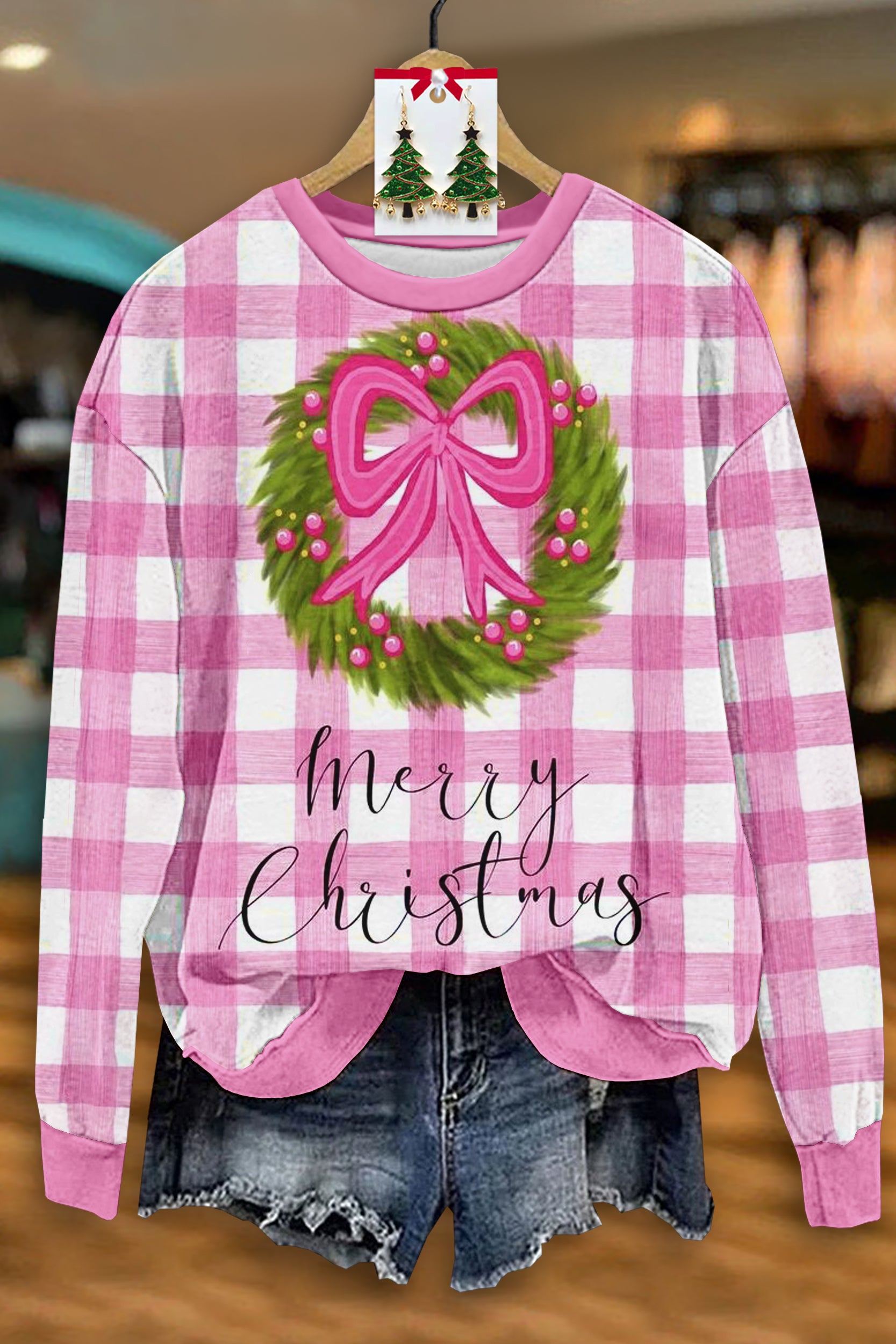 Sweet Christmas Plaid Print Long Sleeve Top