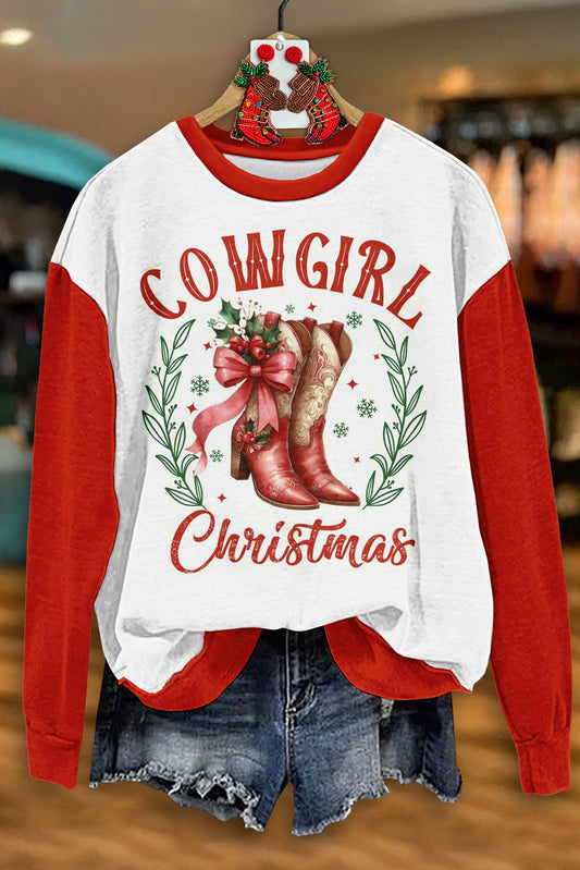 Classic Western Boots Christmas Print Long Sleeve Top