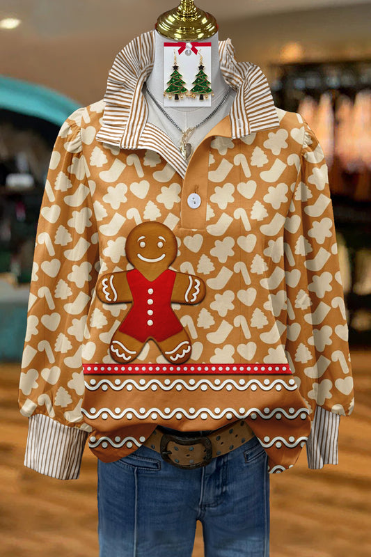 Cute Christmas Gingerbread Print Stand Collar Top