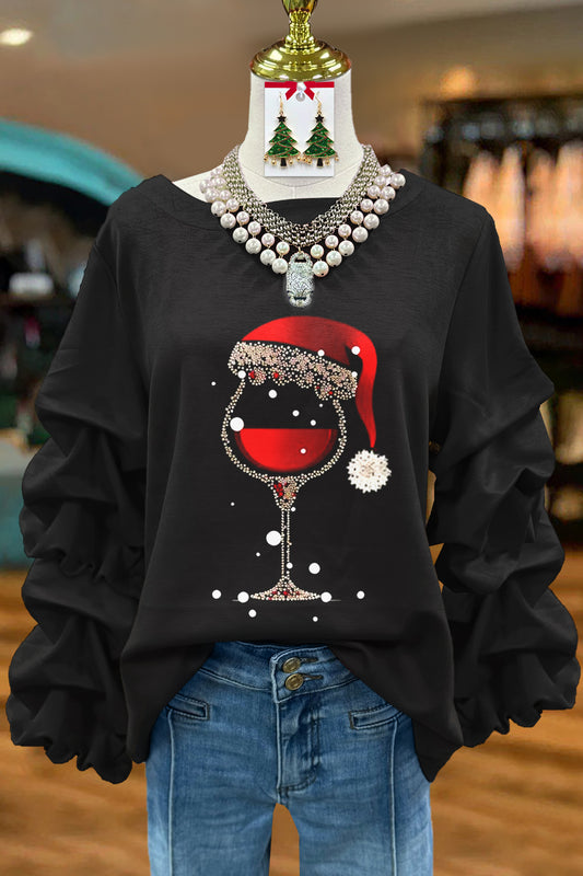 Classic Christmas Wine Glass Print Pleated Top