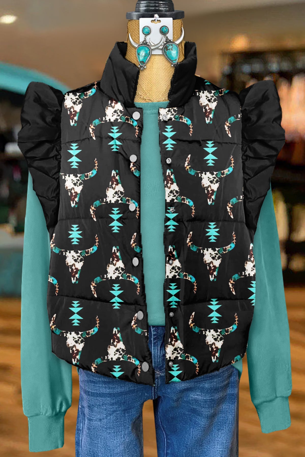 Classic Western Longhorn Print Fly Sleeve Vest