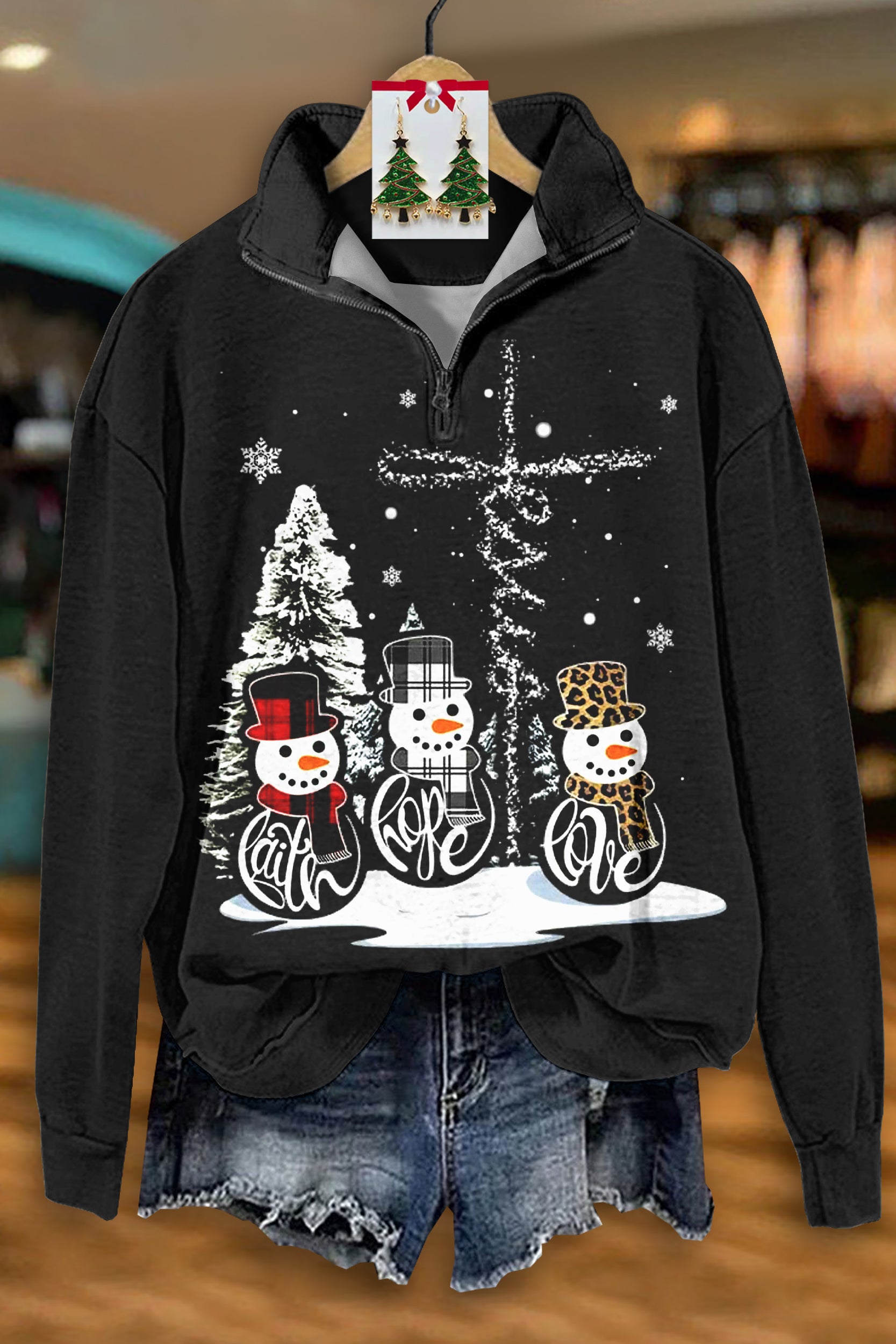 Classic Christmas Snowman Print Zip-Up Top