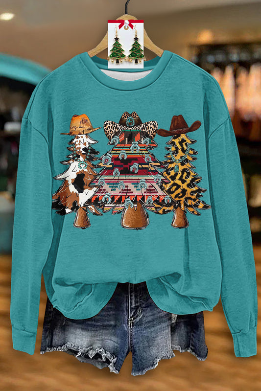 Western Christmas Tree Print Long Sleeve Top