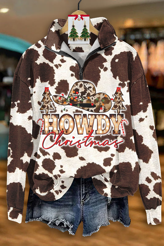 Western Christmas Print Zip-Up Top