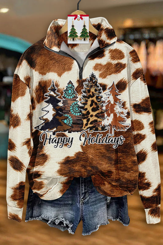 Vintage Christmas Print Zip-Up Top