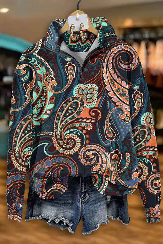 Classic Paisley Print Zip-Up Top