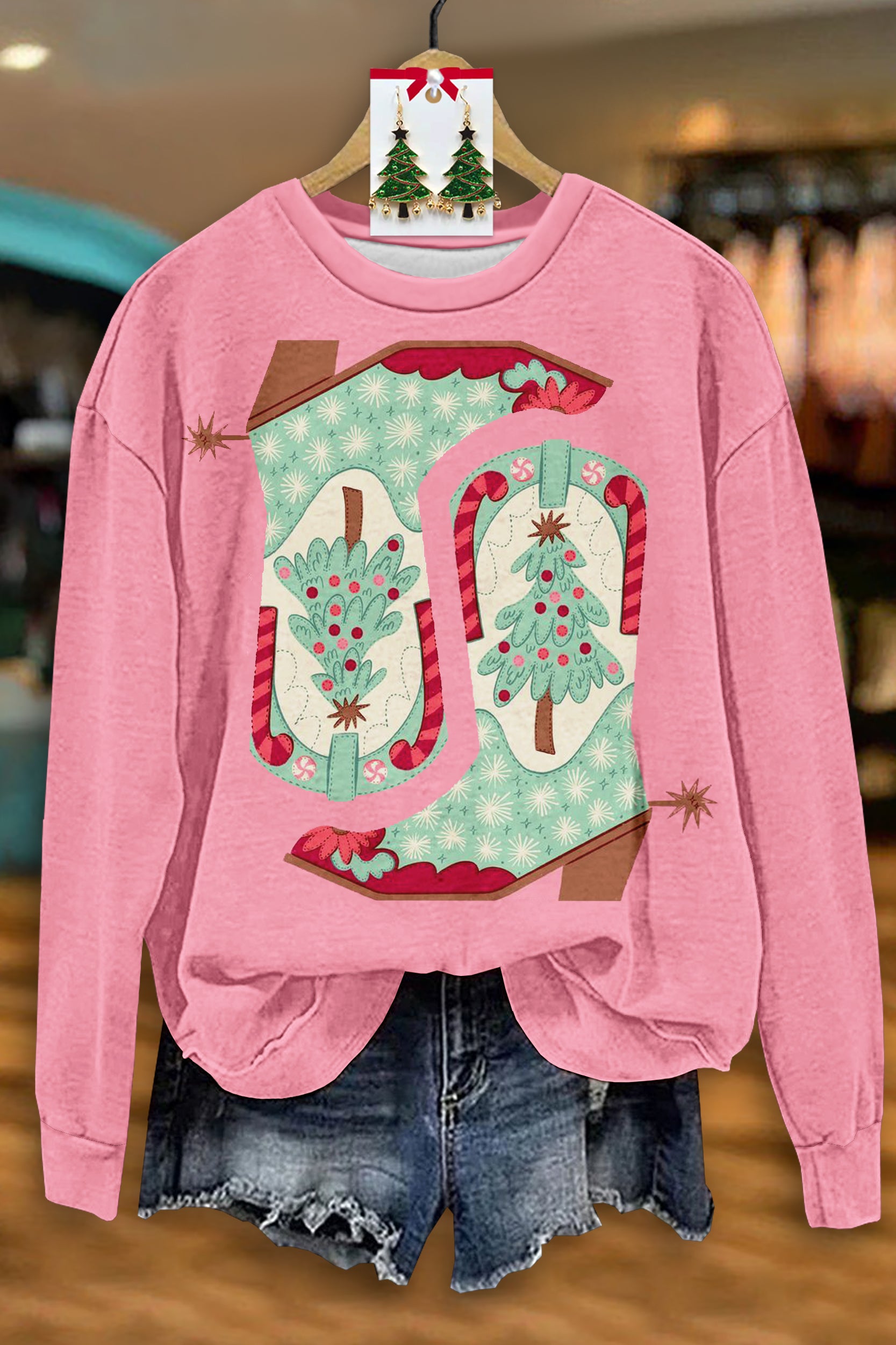 Sweet Boots Christmas Tree Print Sweatshirt