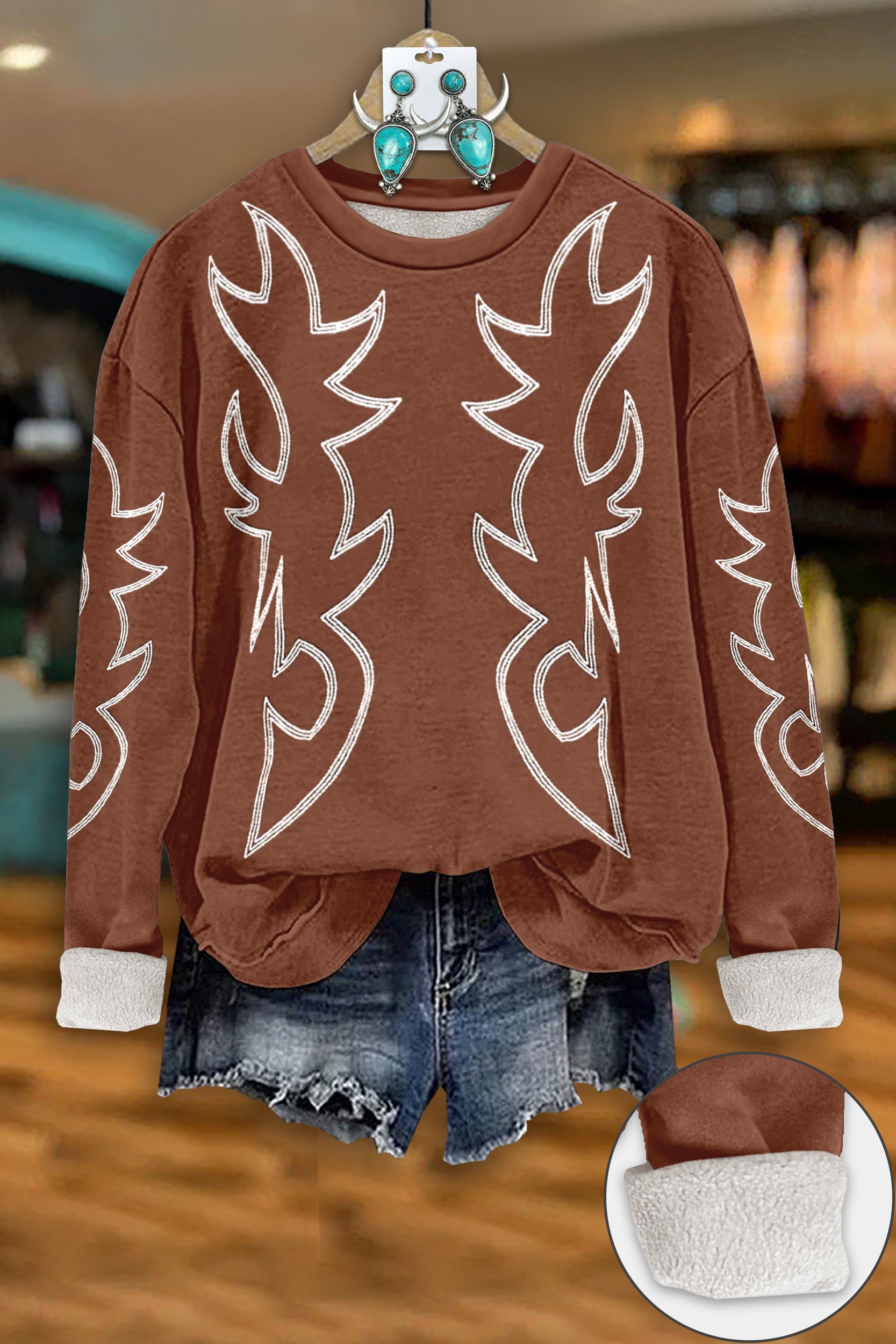 Western Boot Stitch Print Thickened Fleece Sweatshirt