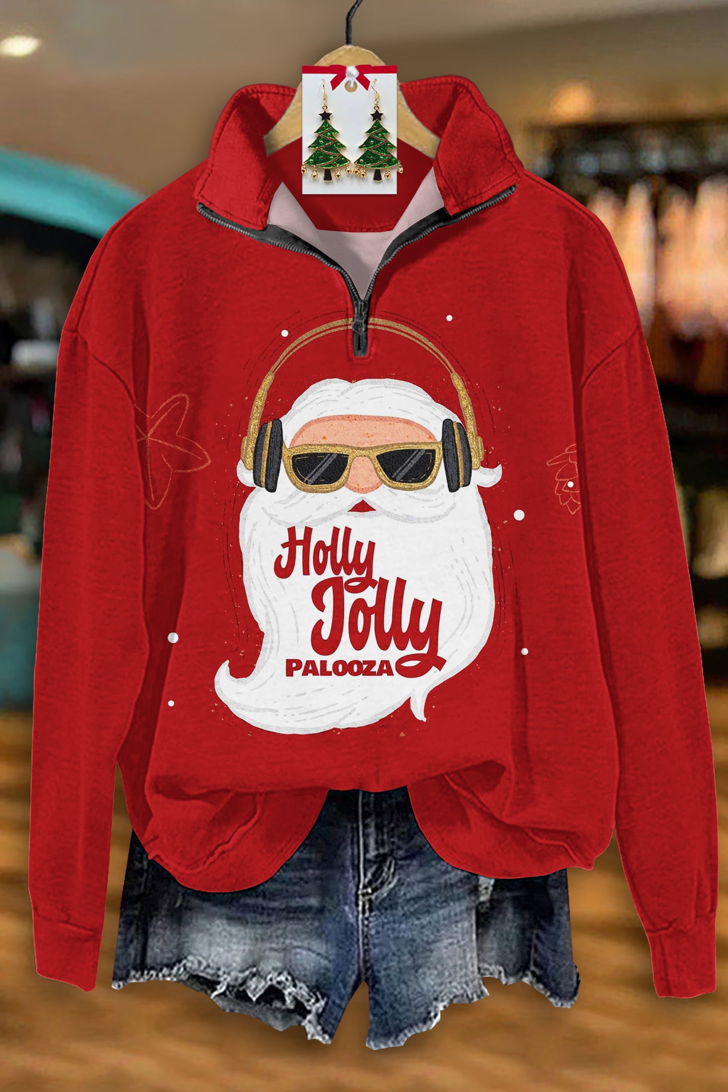 Casual Christmas Santa Palooza Print Zip-Up Sweatshirt