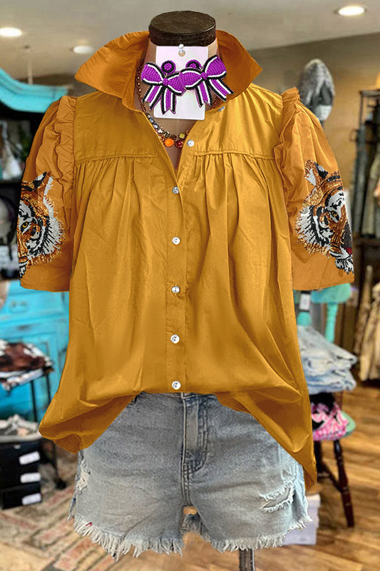 LSU Tiger Head Sequin Print Puff Sleeve Top