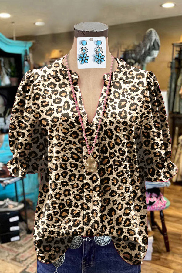 Classic Leopard Print Puff Sleeve Top