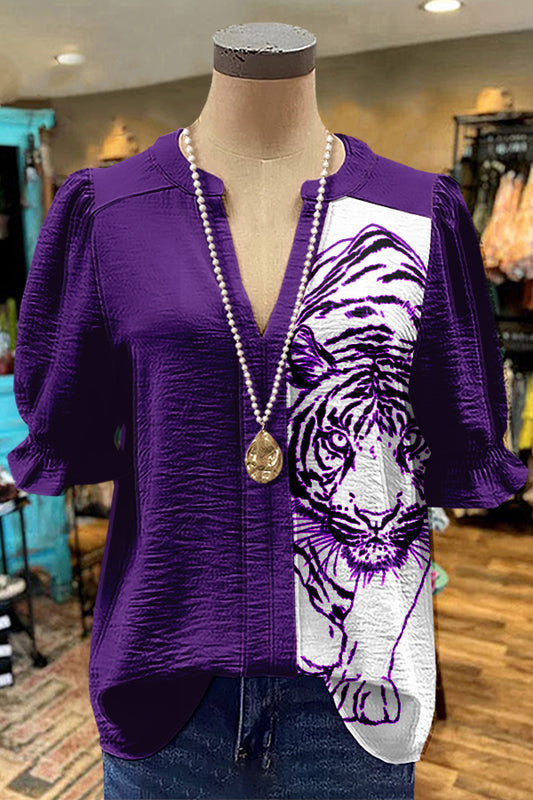 Chic Purple Tiger Print Puff Sleeve Top