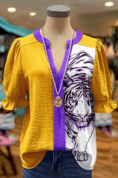 Chic Purple Tiger Print Puff Sleeve Top