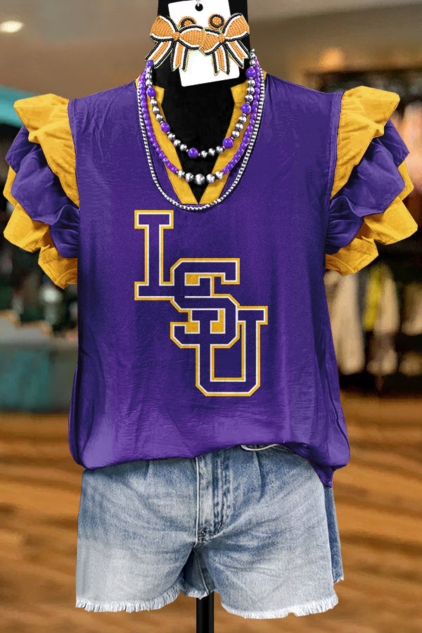 Purple Gameday LSU Print Flying Sleeve Top