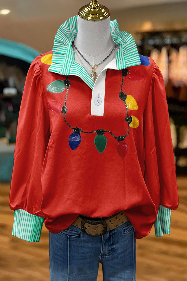 Christmas Lights Print Puff Sleeve Top