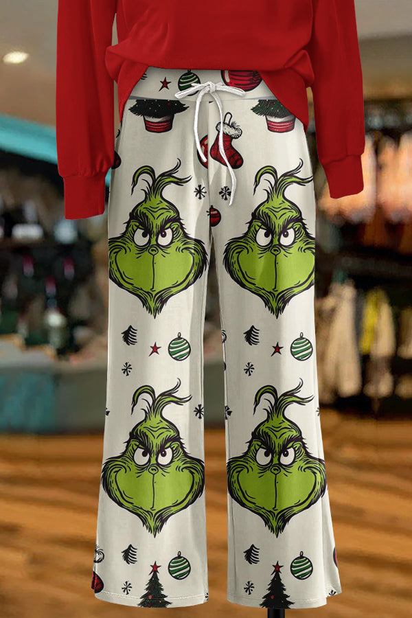 Funny Christmas Grinch Print Wide Leg Pants