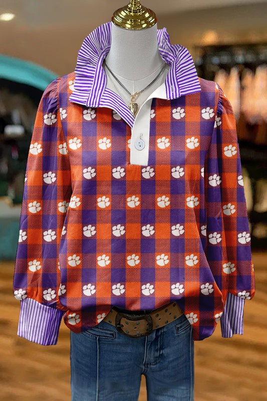 Purple Orange Gameday Tigers Print Puff Sleeve Top